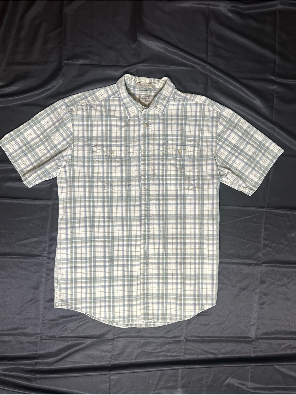 L.L. Bean Short-Sleeve Plaid Button-Down Shirt - Light Blue & Gray Cotton